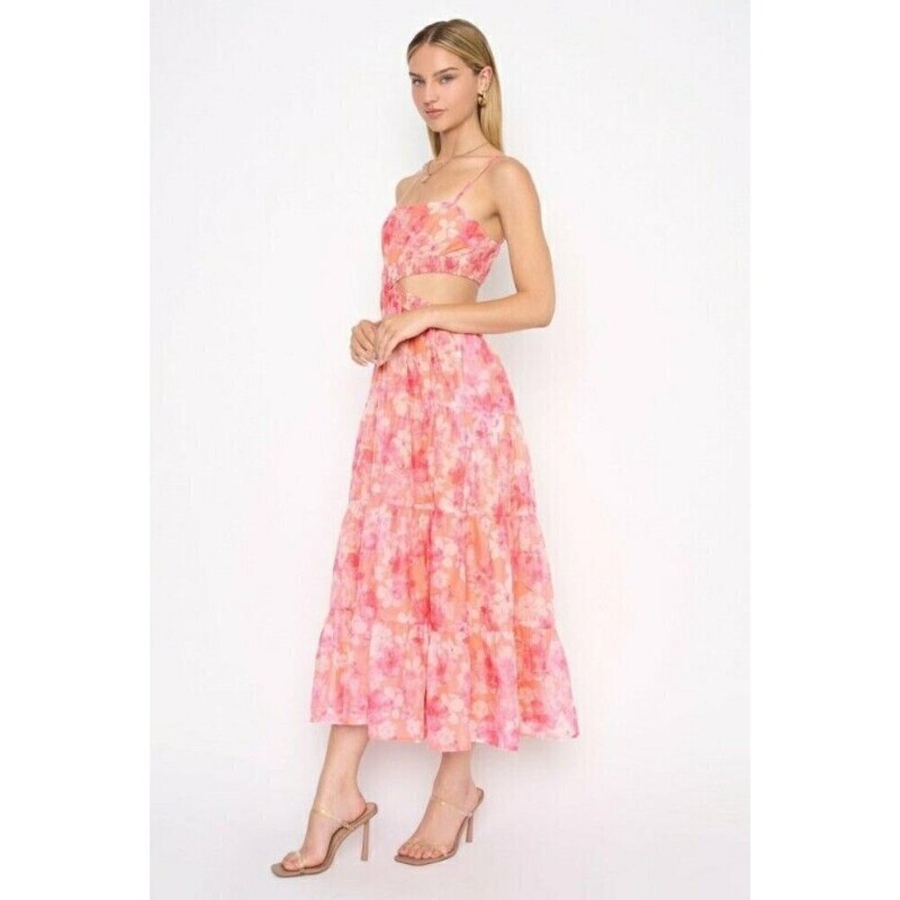 NEW DEE ELLY BEATRICE SIDE CUT OUT FLORAL PINK DRESS SZ MEDIUM - Picture 2 of 13